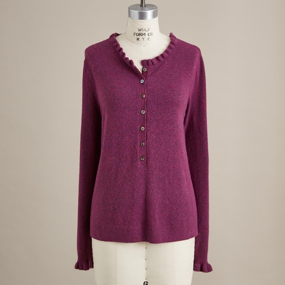Sundance‎ New Small Edwina Wool Cashmere Blend Henley Sweater Purple Pink Ruffle